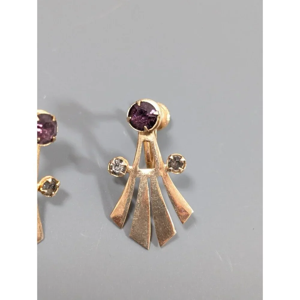 Vintage‎ Gold Tone Art Deco Fan Purple Smokey Rhinestone Screw Back Earrings
